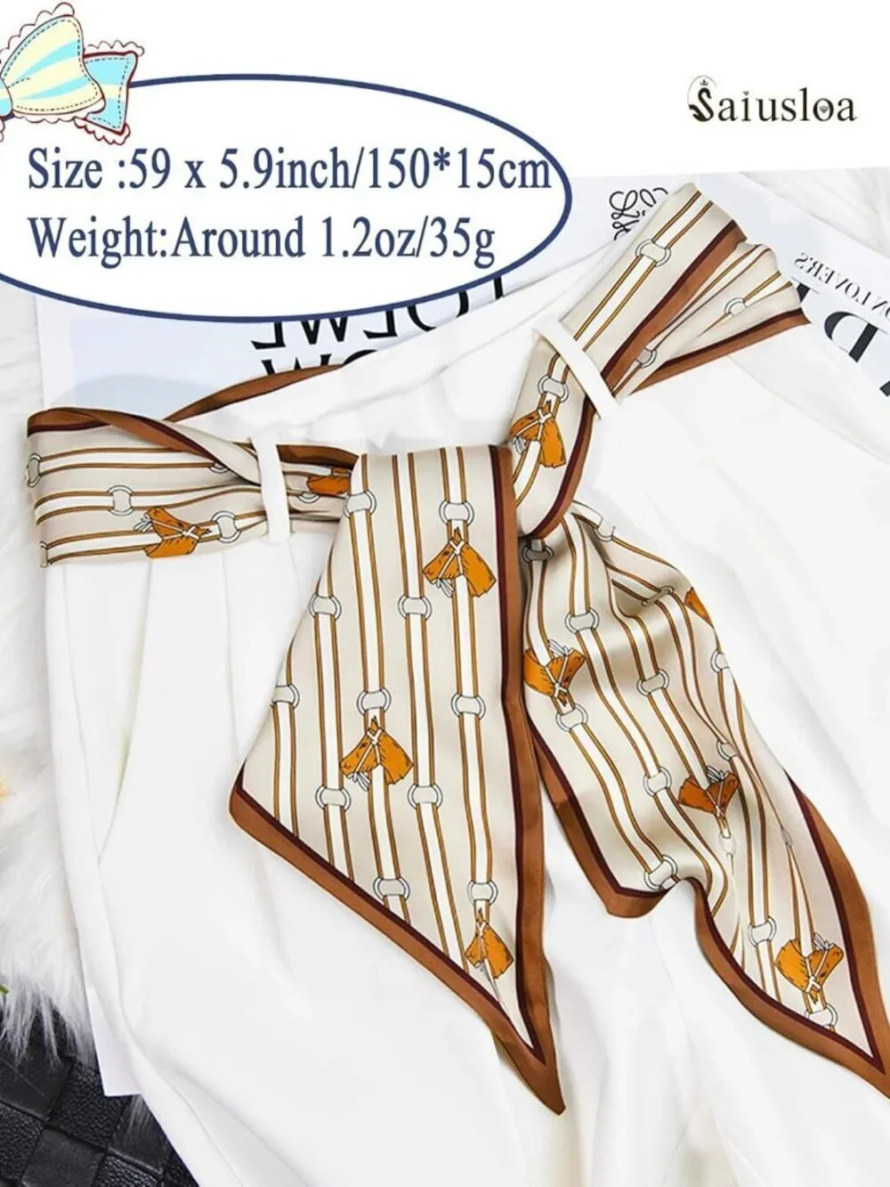 Women's Brown Saddle Head Scarves Long Skinny Silky Hair Bags Scarf